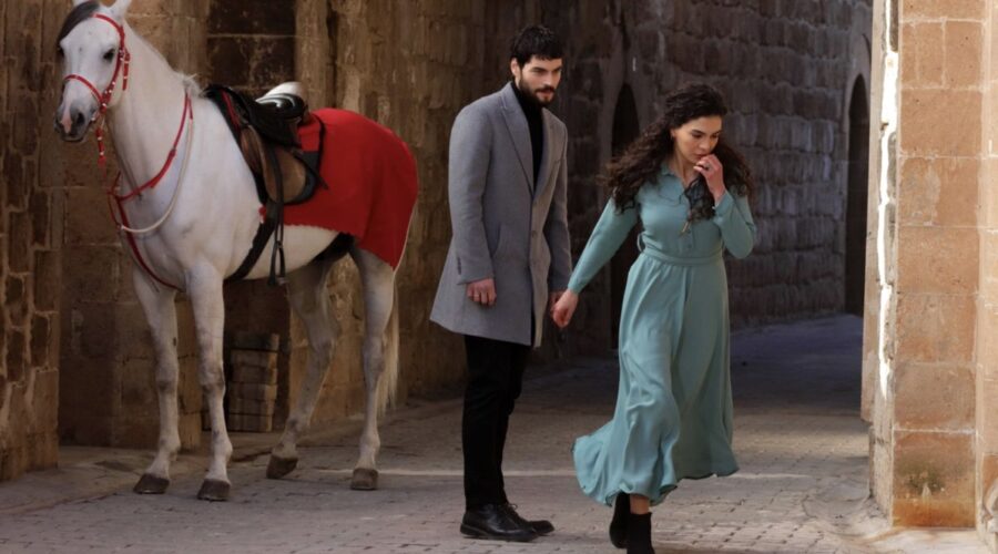 Da sinistra: Akın Akınözü (Miran Aslanbey/Şadoğlu) e Ebru Şahin (Reyyan Aslanbey/Şadoğlu) in una scena di “Hercai”. Credits: Real Time/Discovery+.