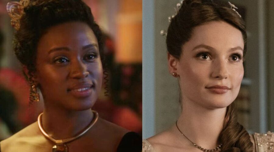 A sinistra: Masali Baduza (Michaela Stirling) in una scena dell'episodio 8 di “Bridgerton 3”. Credits fotogramma: Netflix. A destra: Hannah Dodd (Francesca Bridgerton) in una scena dell'episodio 2 di “Bridgerton 3”. Credits: Liam Daniel/Netflix © 2024.