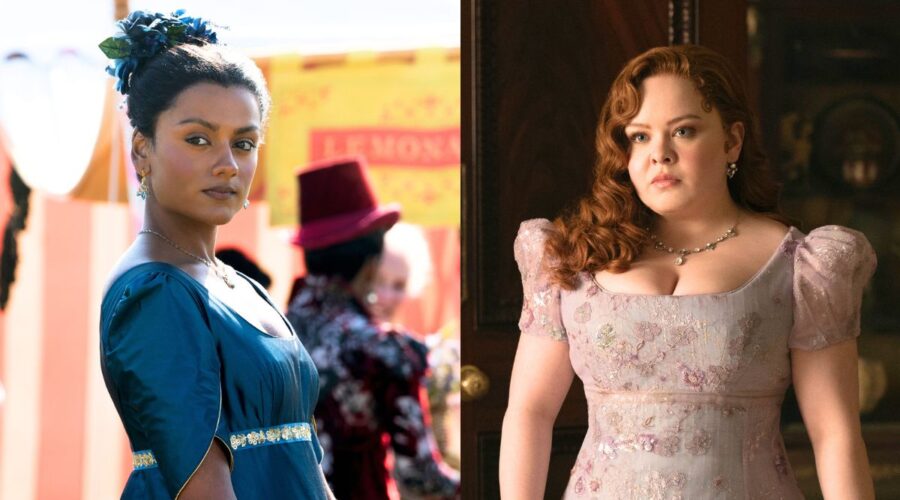 A sinistra: Simone Ashley (Kate Sharma) in una scena dell’episodio 2 di “Bridgerton 2”. Credits: Liam Daniel/Netflix © 2022. A destra: Nicola Coughlan (Penelope Featherington) in una scena dell'episodio 5 di “Bridgerton 3”. Credits: Liam Daniel/Netflix © 2024.