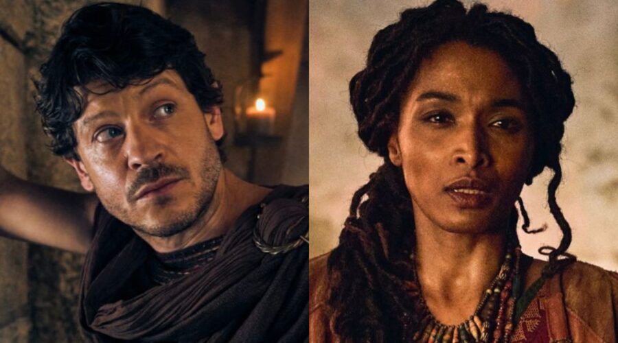 A sinistra: Iwan Rheon (Tenax) in una scena di “Those About To Die”. Credits: Prime Video. A destra: Sara Martins (Cala) in un posato per “Those About To Die”. Credits: Prime Video.