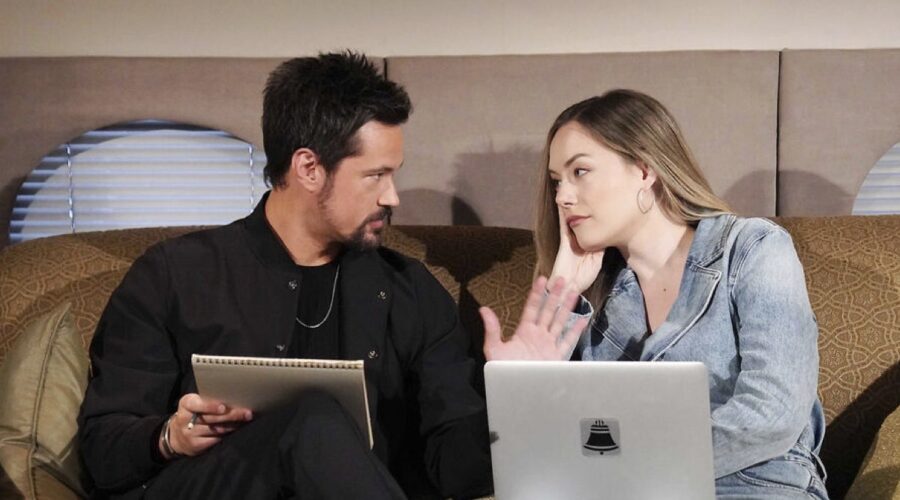 Da sinistra: Matthew Atkinson (Thomas) e Annika Noelle (Hope Logan) in una scena di “Beautiful”. Credits: BBL Distribution/RTI Mediaset.