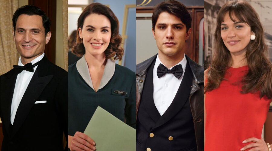 Da sinistra: Alessandro Tersigni (Vittorio Conti), Enrica Pintore (Clelia Calligaris), Pietro Masotti (Marcello Barbieri) e Gloria Radulescu (Marta Guarnieri) in un posato per varie stagioni de “Il Paradiso delle Signore”. Credits: P. Bruni/Rai.