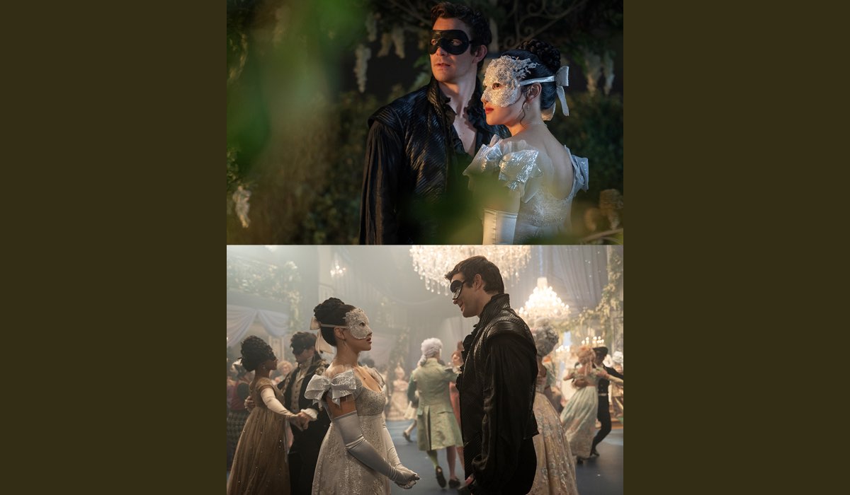 Sopra: Benedict Bridgerton (Luke Thompson) e Sophie Baek (Yerin Ha) in una scena del primo episodio di “Bridgerton 4”. Credits: Netflix. Sotto: Sophie Baek (Yerin Ha) e Benedict Bridgerton (Luke Thompson) in una scena del primo episodio di “Bridgerton 4”. Credits: Netflix.