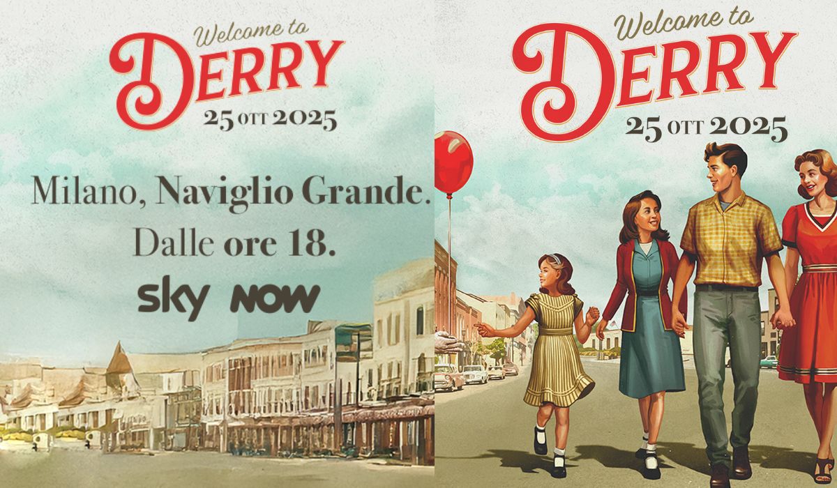 La locandina dell'evento a Milano del 25 ottobre 2025, aspettando il debutto di “It: Welcome To Derry”. Credits: Courtesy Of HBO, Sky Italia e NOW.