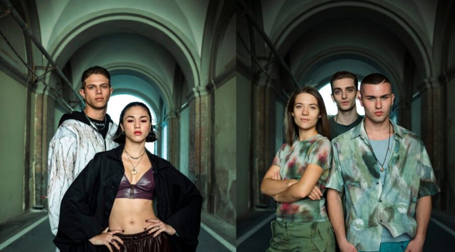 A sinistra: Alfonso Capuozzo (Simone) e Maria Esposito (Rosa); a destra: Yeva Sai (Alina), Domenico Cuomo (Gianni) e Artem (Pino) in due posati per “Mare Fuori 5”. Credits: Sabrina Cirillo/Rai.