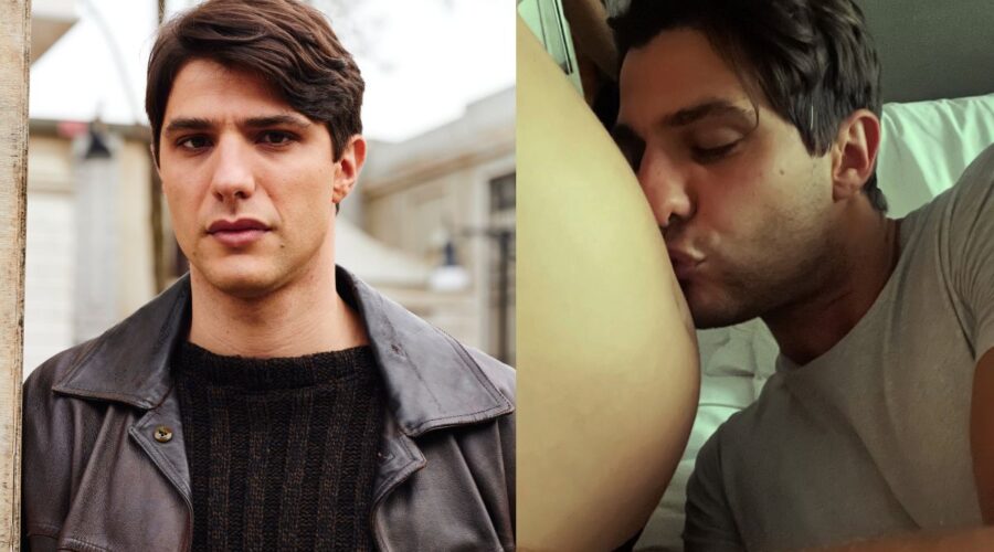 A sinistra: Pietro Masotti (Marcello Barbieri) in un posato per “Il Paradiso Delle Signore 5”. Credits: Rai. A destra: la foto condivisa da Pietro Masotti il 13 ottobre 2025 sul suo account Instagram con il pancione della compagna. Credits: Instagram/picchiopicchiato.