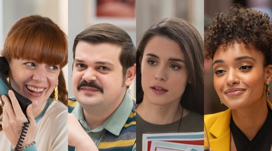 Da sinistra: Sara Lazzaro (Monica Ferri), Francesco Russo (Pierpaolo Puglisi), Paola Buratto (Camilla Zanon) e Kaze (Sofia De Rosa) in una scena di “Call My Agent - Italia 3”. Credits: Chiara Calabrò/Sky Italia.