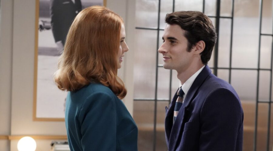 Da sinistra: Arianna Amadei (Odile di Sant'Erasmo) e Elia Marangon (Ettore Marchesi) in una scena de “Il Paradiso Delle Signore 10”. Credits: Rai.